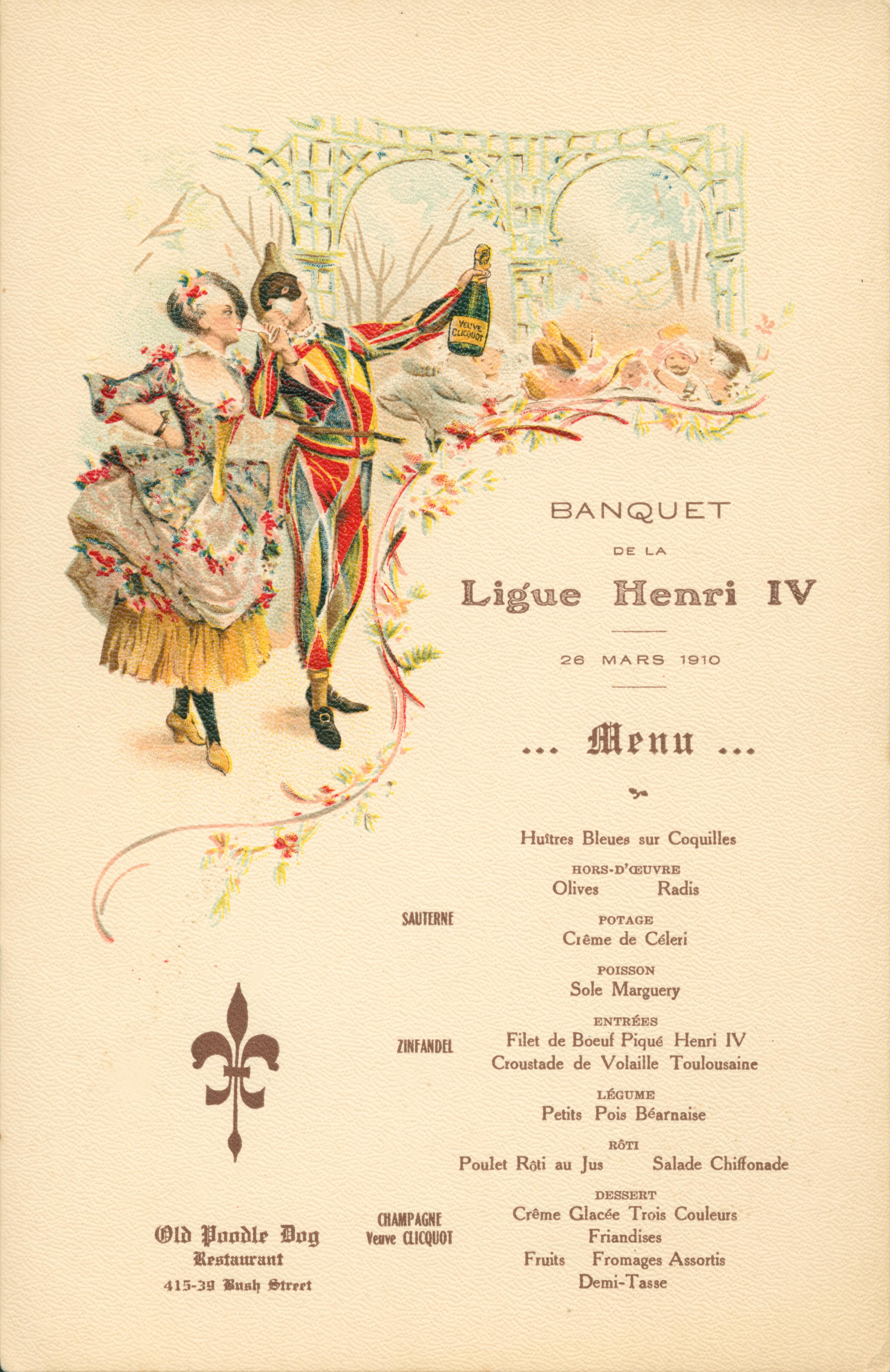 Menu includes an illustration of a person dressed as a harlequin holding a bottle of champagne and a woman in a dress with a tight, low-cut bodice.